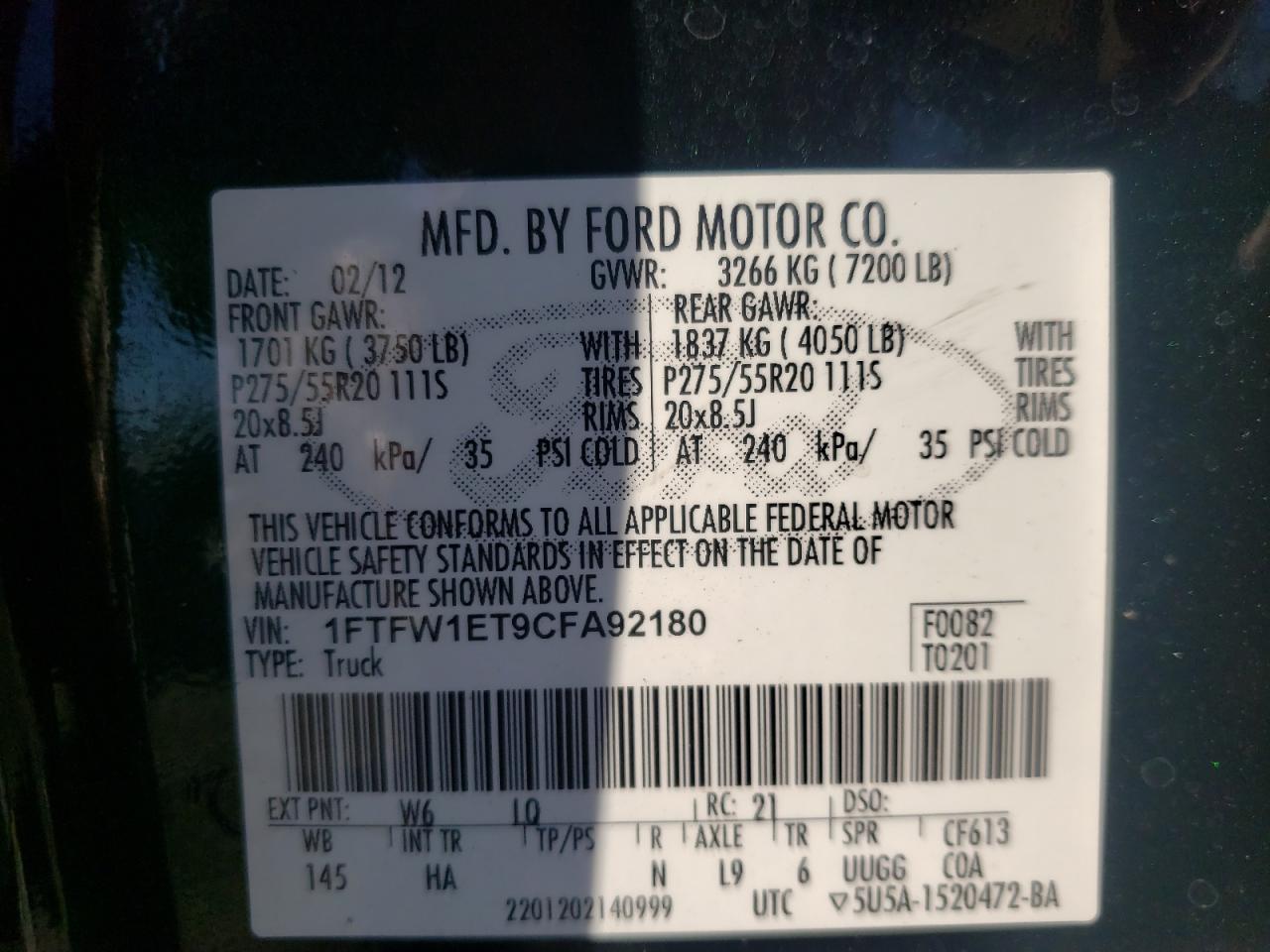 Photo 10 from auction – 2012 FORD F150 SUPER with VIN 1FTFW1ET9CFA92180