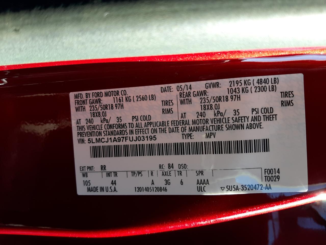 Photo 10 from auction – 2015 LINCOLN MKC with VIN 5LMCJ1A97FUJ03195