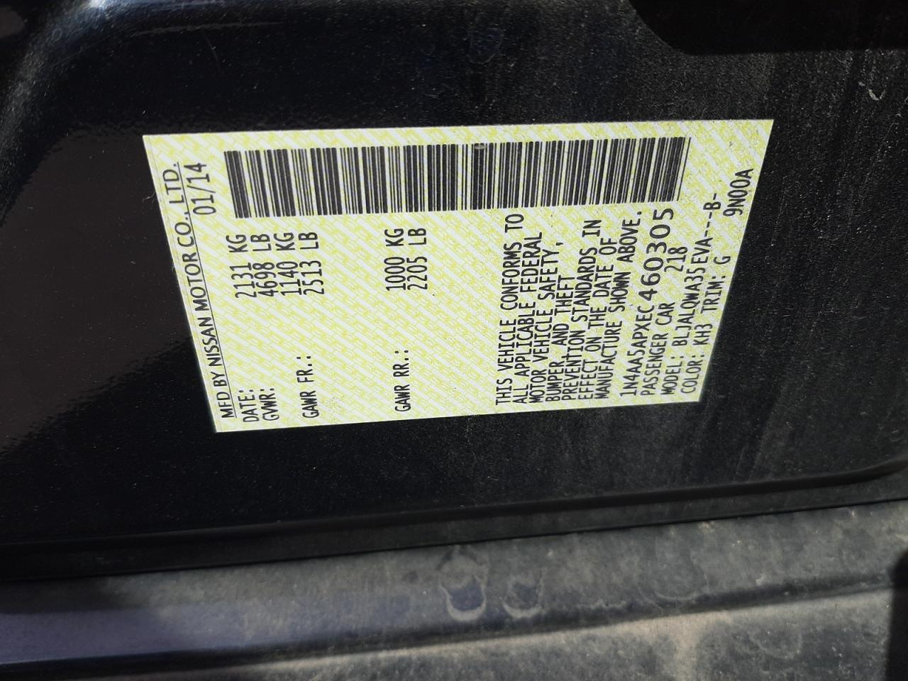 Photo 10 from auction – 2014 NISSAN MAXIMA S with VIN 1N4AA5APXEC460305