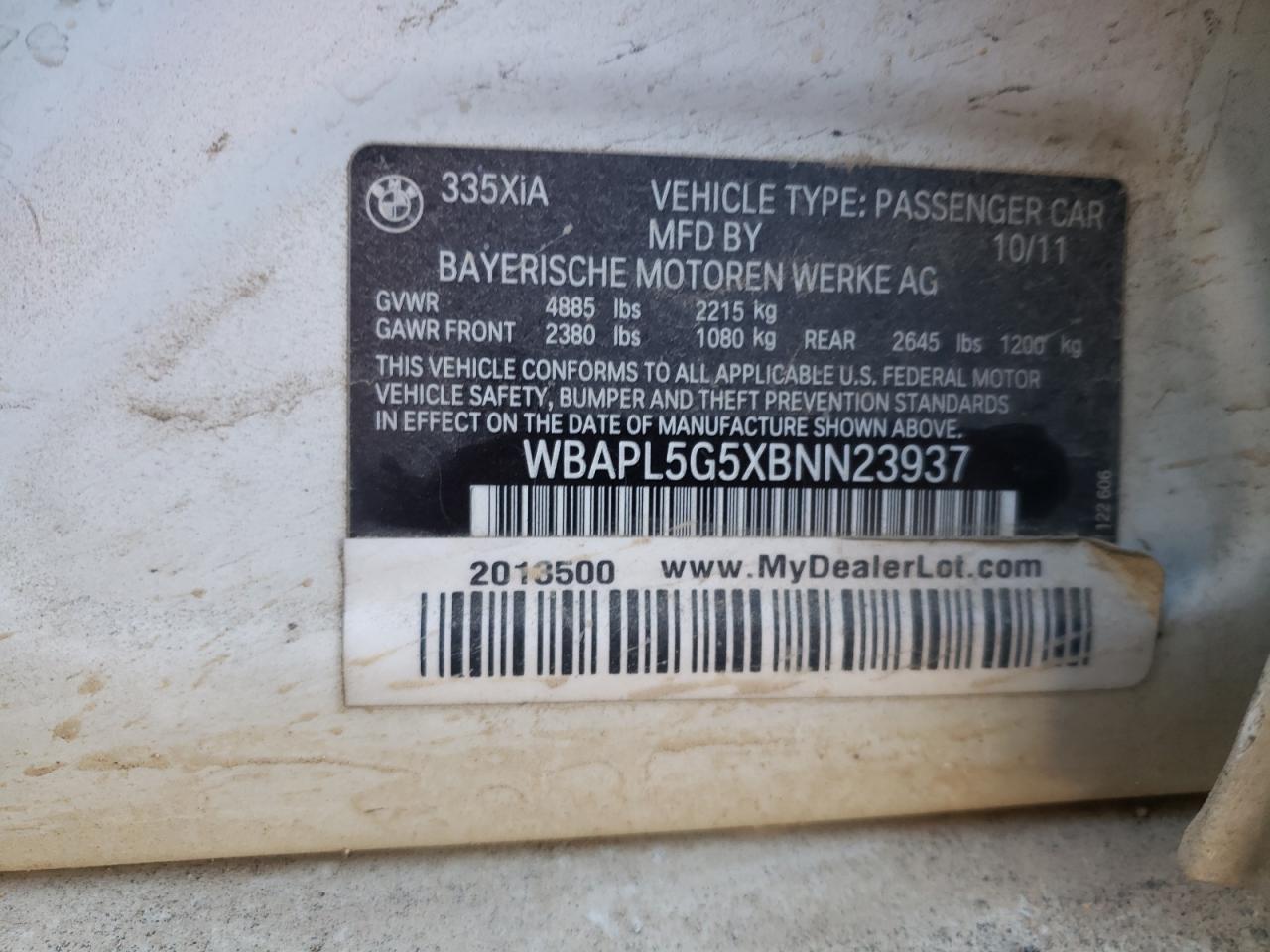 Photo 10 from auction – 2011 BMW 335 XI with VIN WBAPL5G5XBNN23937