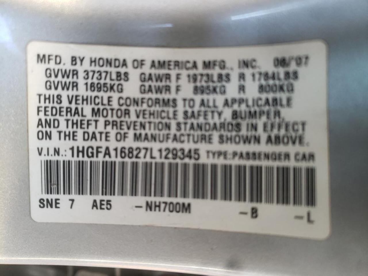 Photo 10 from auction – 2007 HONDA CIVIC EX with VIN 1HGFA16827L129345