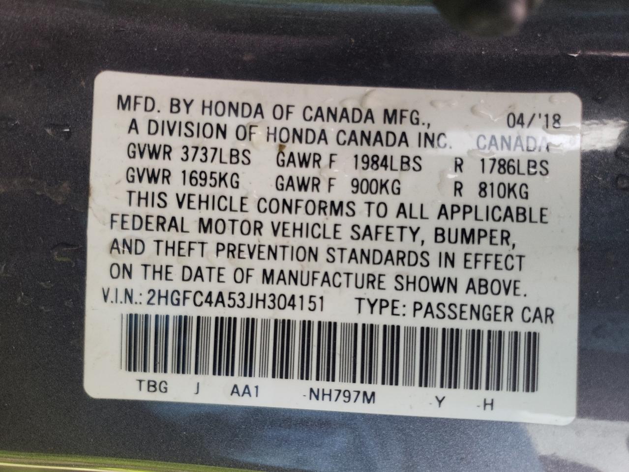 Photo 10 from auction – 2018 HONDA CIVIC LX with VIN 2HGFC4A53JH304151