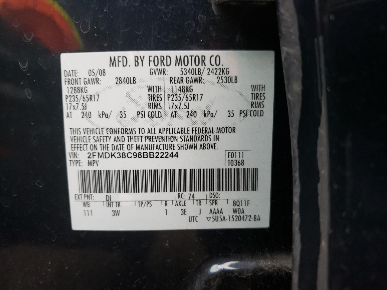 Photo 10 from auction – 2008 FORD EDGE SEL with VIN 2FMDK38C98BB22244