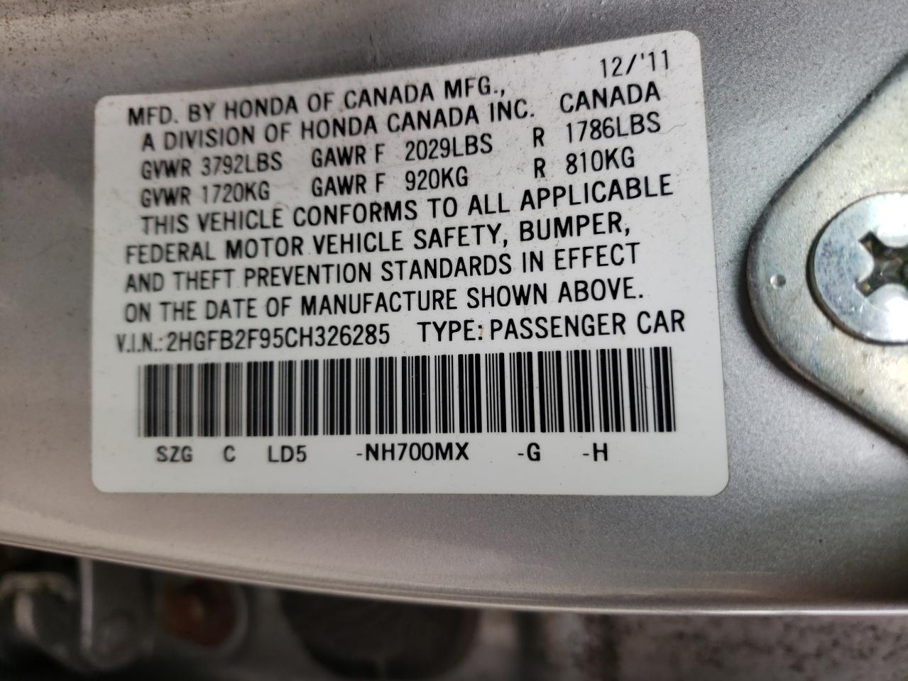 Photo 10 from auction – 2012 HONDA CIVIC EXL with VIN 2HGFB2F95CH326285