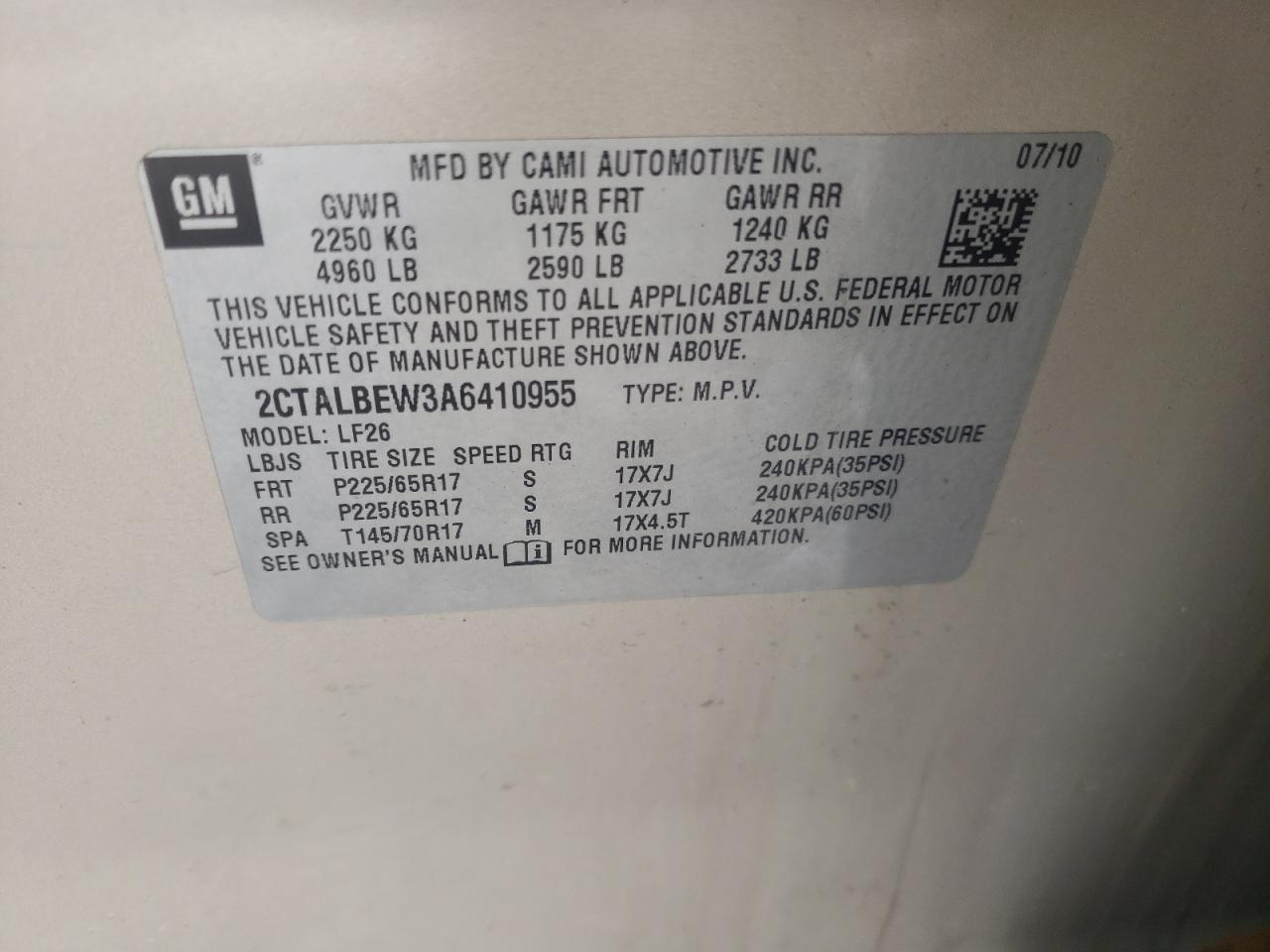 Photo 10 from auction – 2010 GMC TERRAIN SL with VIN 2CTALBEW3A6410955