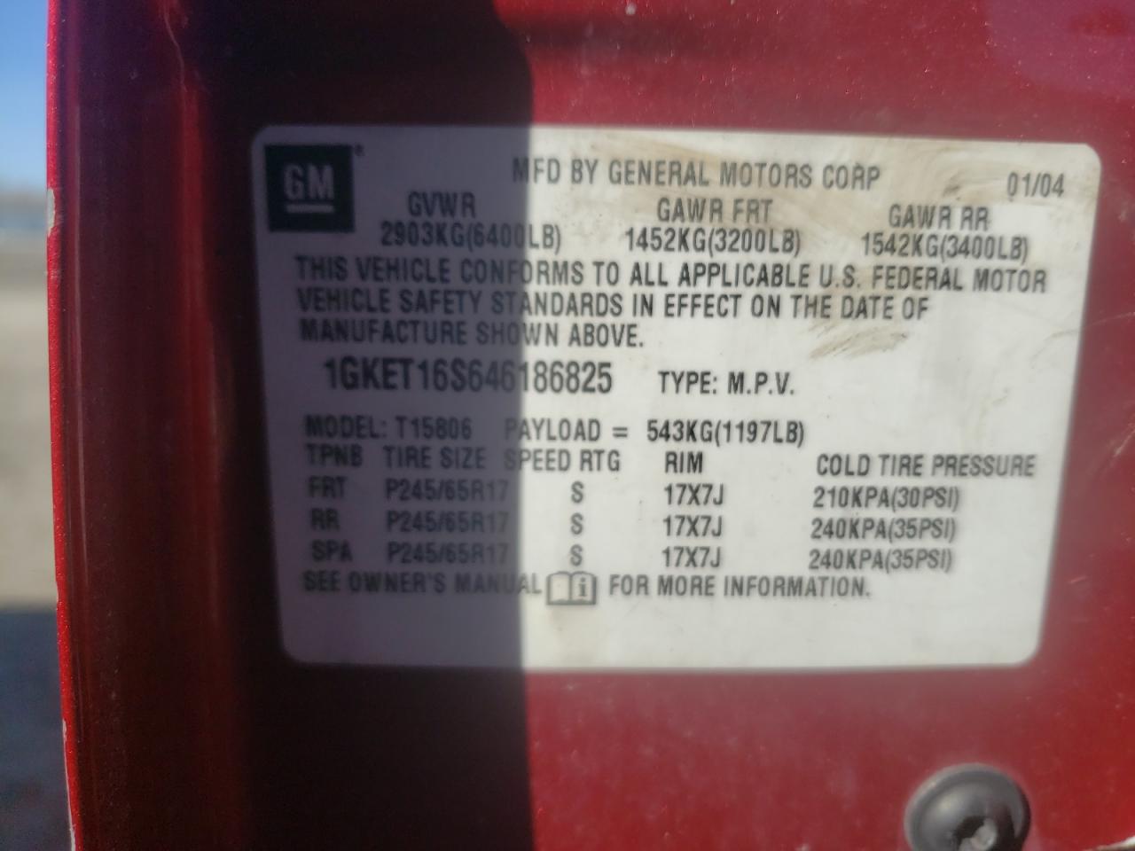 Photo 10 from auction – 2004 GMC ENVOY XL with VIN 1GKET16S646186825
