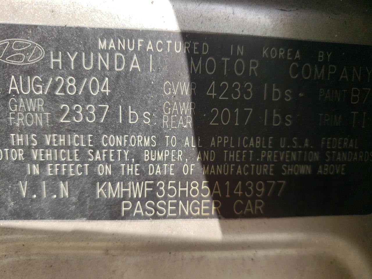 Photo 10 from auction – 2005 HYUNDAI SONATA GLS with VIN KMHWF35H85A143977