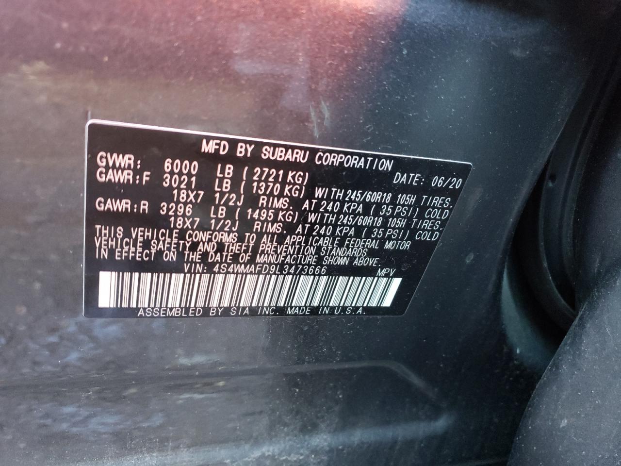Photo 10 from auction – 2020 SUBARU ASCENT PRE with VIN 4S4WMAFD9L3473666