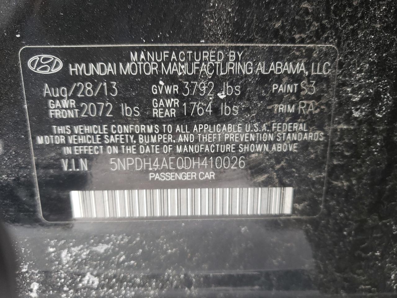 Photo 10 from auction – 2013 HYUNDAI ELANTRA GL with VIN 5NPDH4AE0DH410026