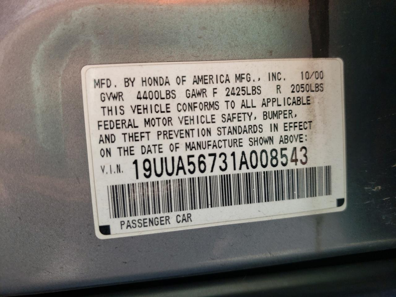 Photo 10 from auction – 2001 ACURA 3.2TL with VIN 19UUA56731A008543