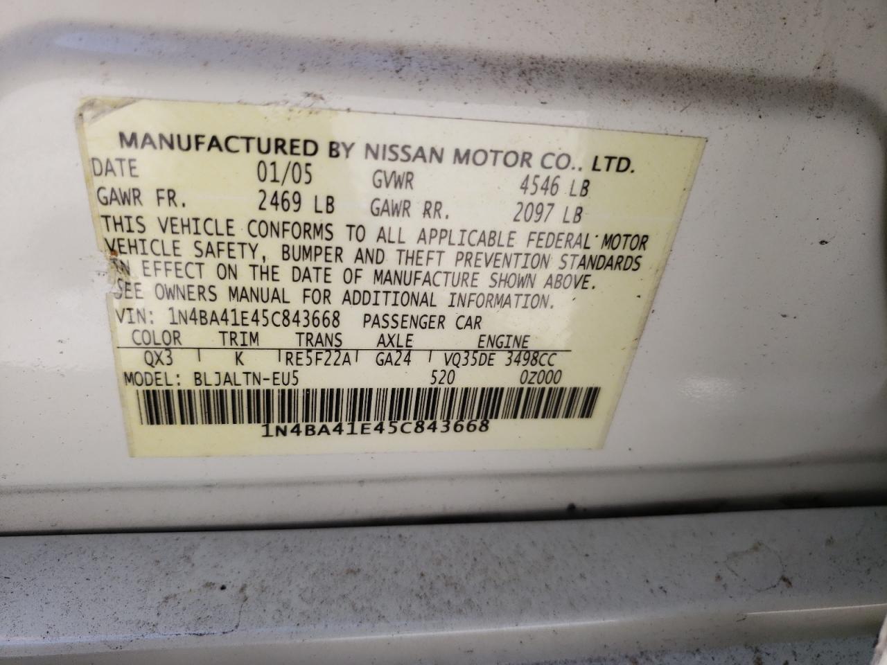 Photo 10 from auction – 2005 NISSAN MAXIMA SE with VIN 1N4BA41E45C843668