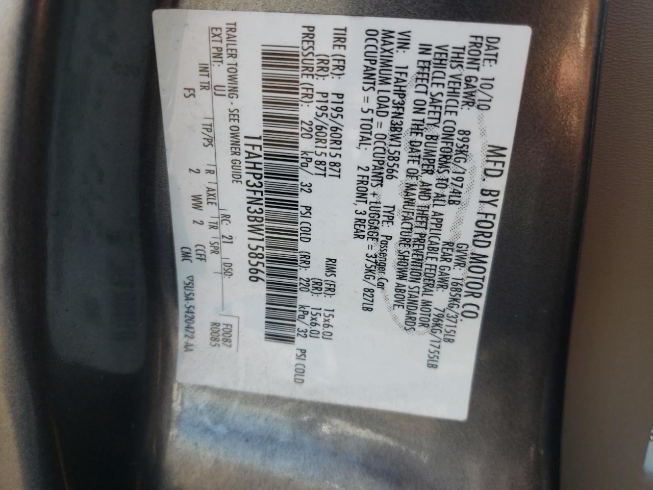 Photo 10 from auction – 2011 FORD FOCUS SE with VIN 1FAHP3FN3BW158566
