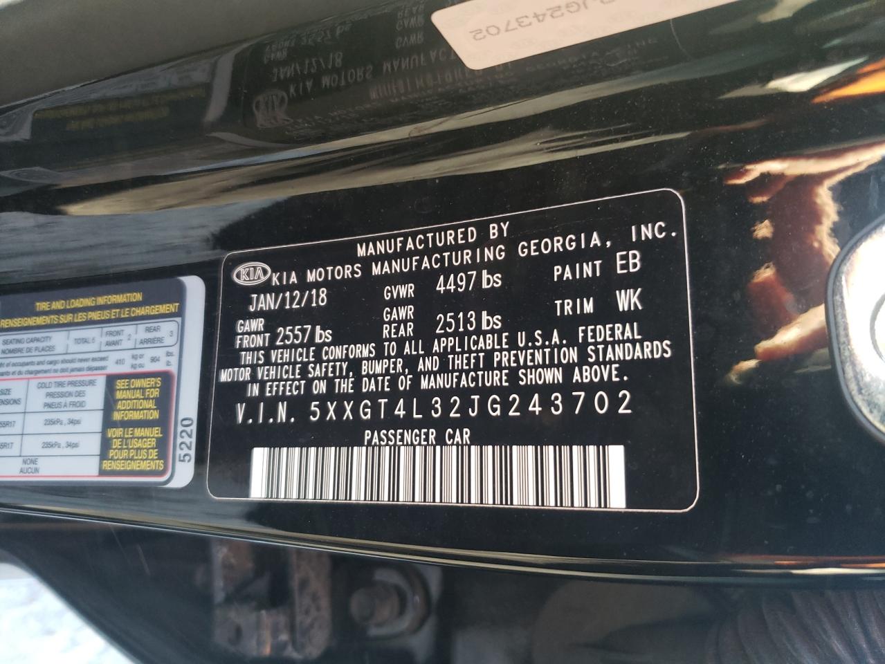 Photo 10 from auction – 2018 KIA OPTIMA LX with VIN 5XXGT4L32JG243702