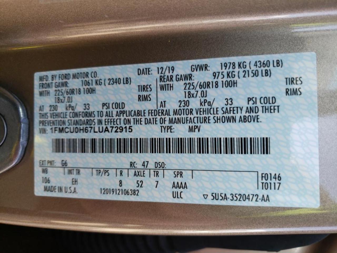 Photo 10 from auction – 2020 FORD ESCAPE SEL with VIN 1FMCU0H67LUA72915