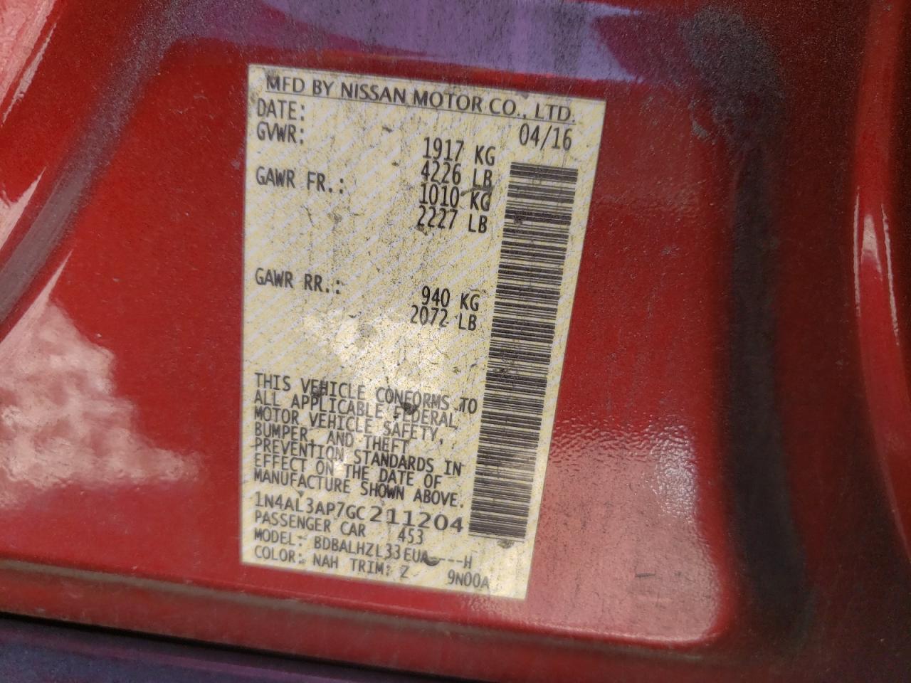 Photo 10 from auction – 2016 NISSAN ALTIMA 2.5 with VIN 1N4AL3AP7GC211204