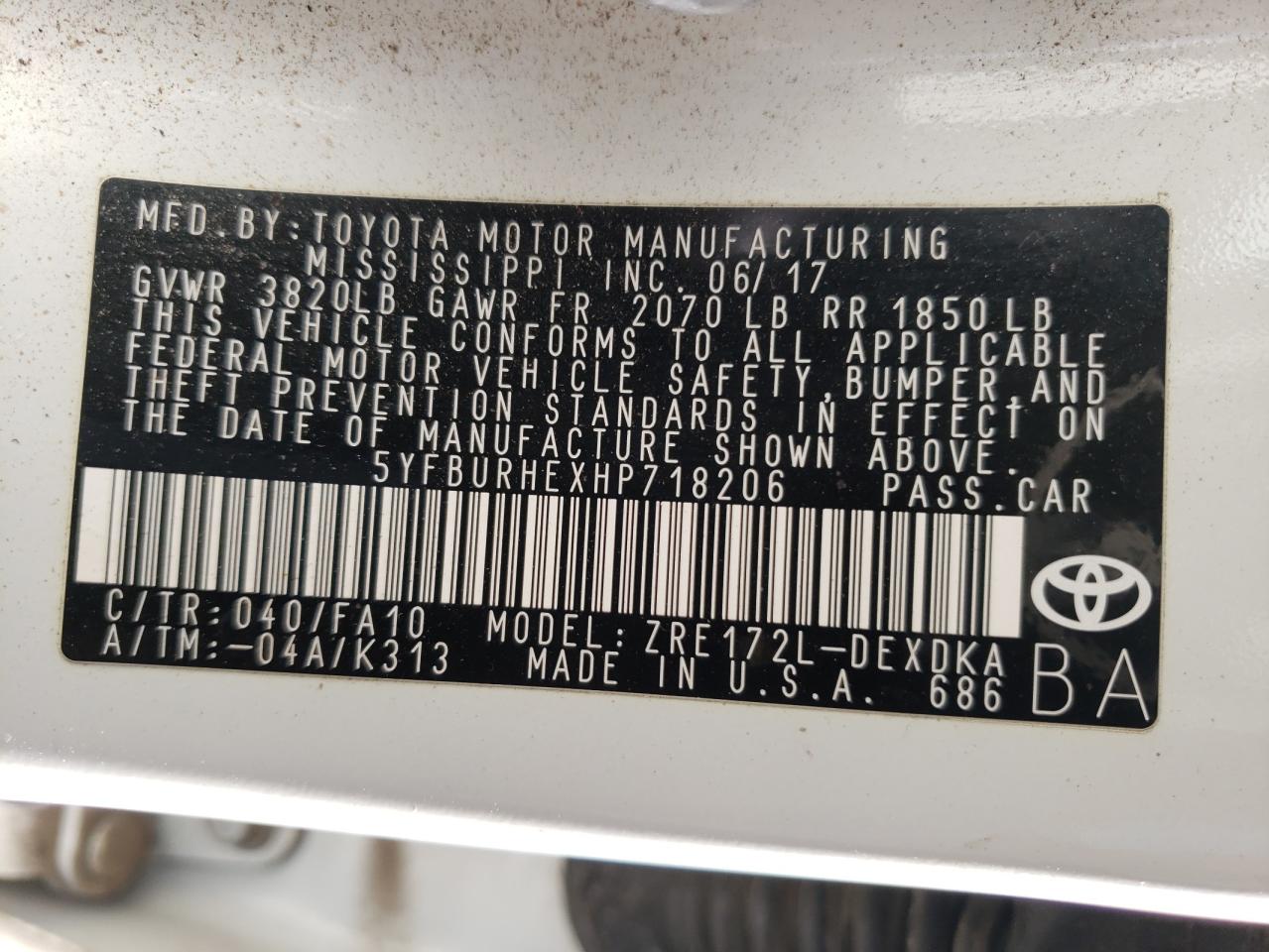 Фото 10 с аукциона – 2017 TOYOTA COROLLA L с VIN 5YFBURHEXHP718206
