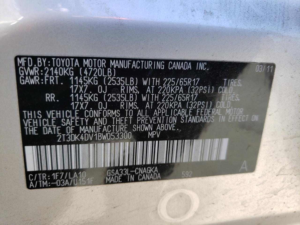 Photo 10 from auction – 2011 TOYOTA RAV4 LIMIT with VIN 2T3DK4DV1BW053300