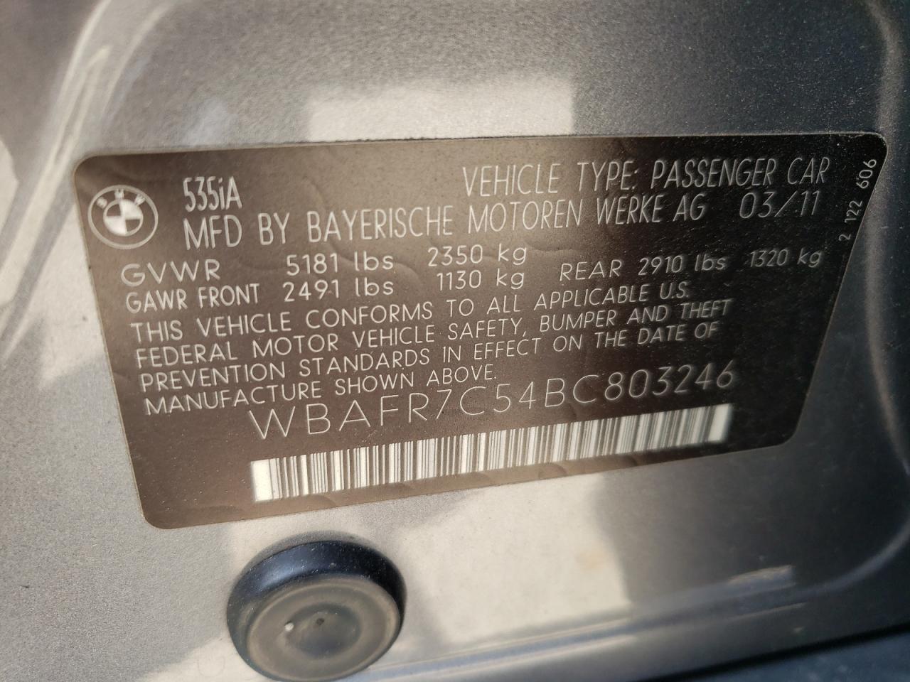 Photo 10 from auction – 2011 BMW 535 I with VIN WBAFR7C54BC803246