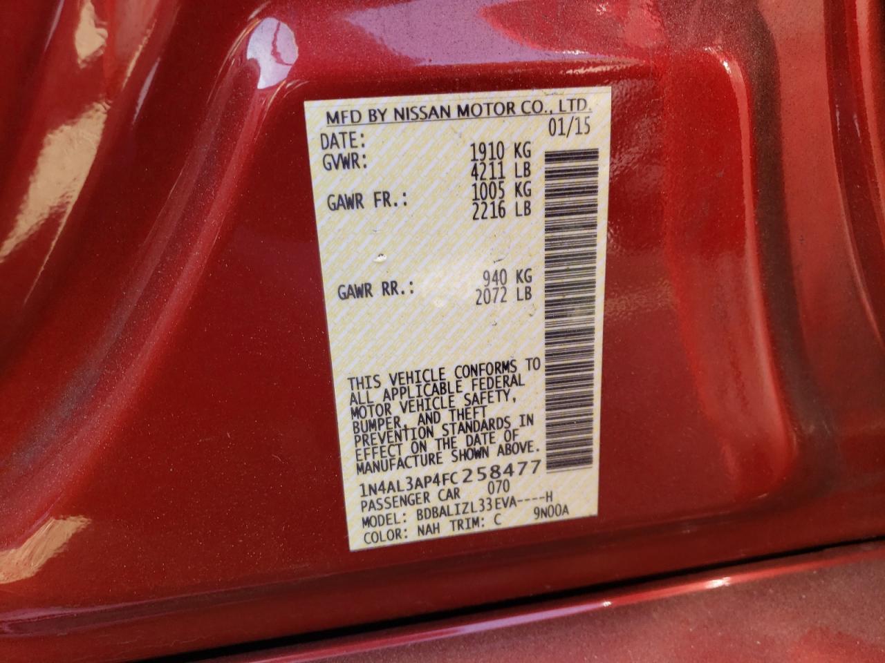 Photo 10 from auction – 2015 NISSAN ALTIMA 2.5 with VIN 1N4AL3AP4FC258477