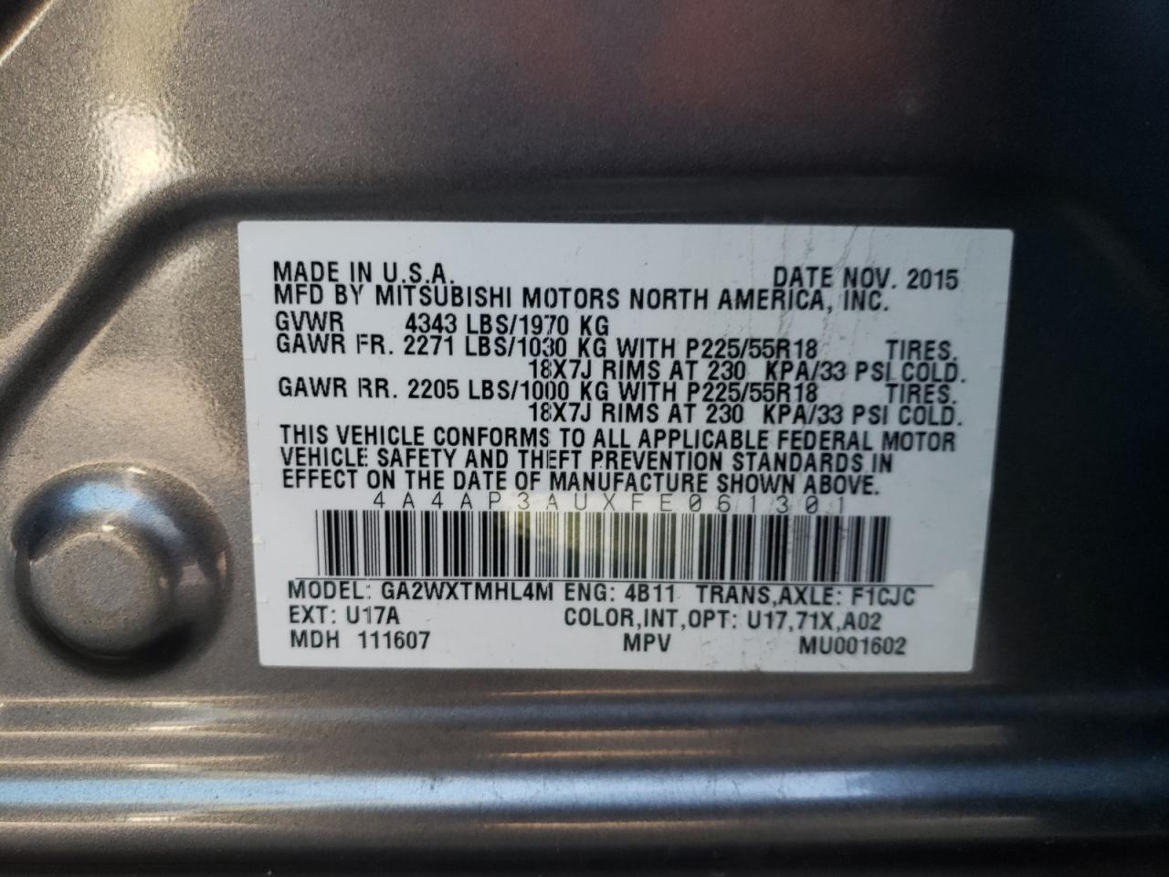 Photo 10 from auction – 2015 MITSUBISHI OUTLANDER with VIN 4A4AP3AUXFE061301