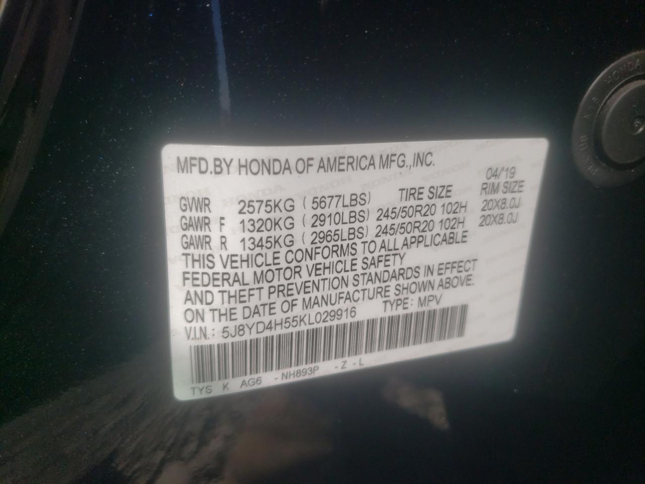 Photo 10 from auction – 2019 ACURA MDX TECHNO with VIN 5J8YD4H55KL029916