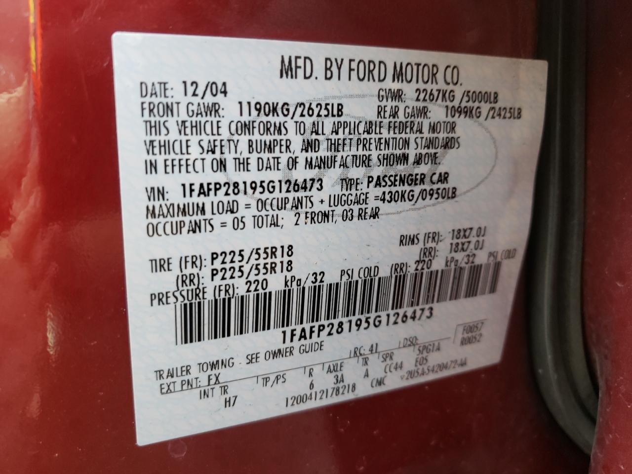 Photo 10 from auction – 2005 FORD FIVE HUNDR with VIN 1FAFP28195G126473
