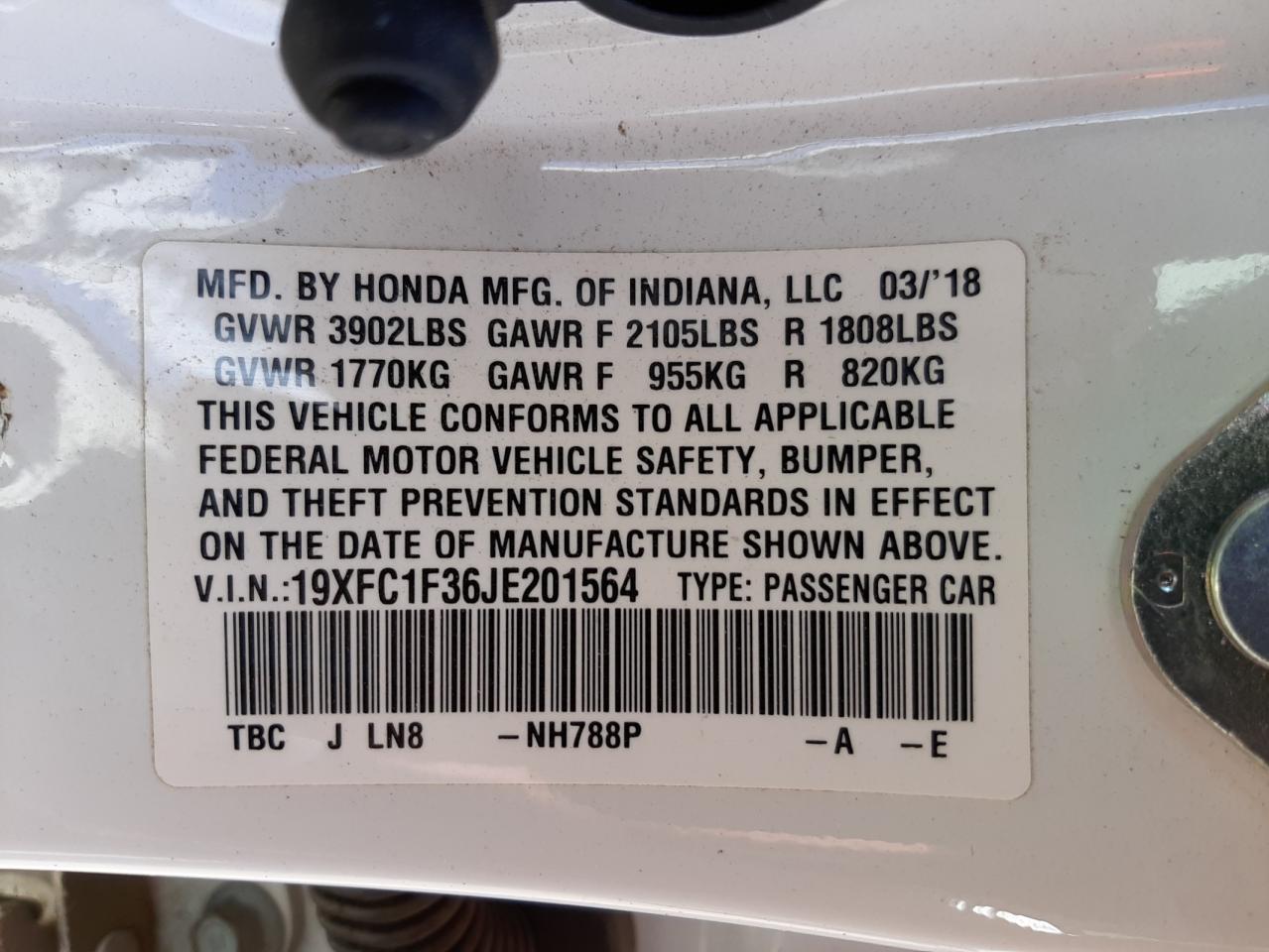 Photo 10 from auction – 2018 HONDA CIVIC EX with VIN 19XFC1F36JE201564