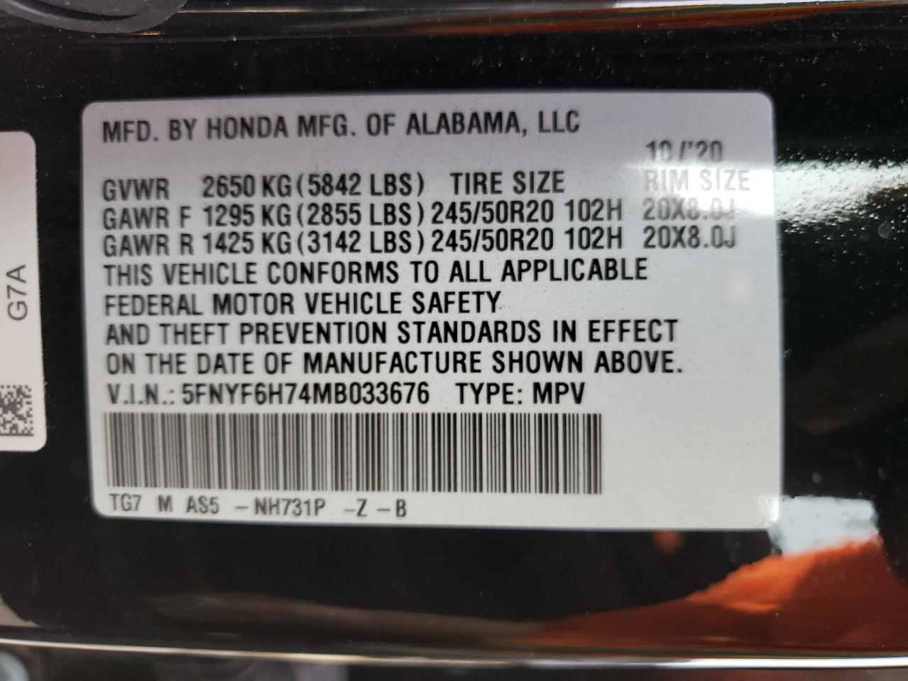 Photo 10 from auction – 2021 HONDA PILOT BLAC with VIN 5FNYF6H74MB033676