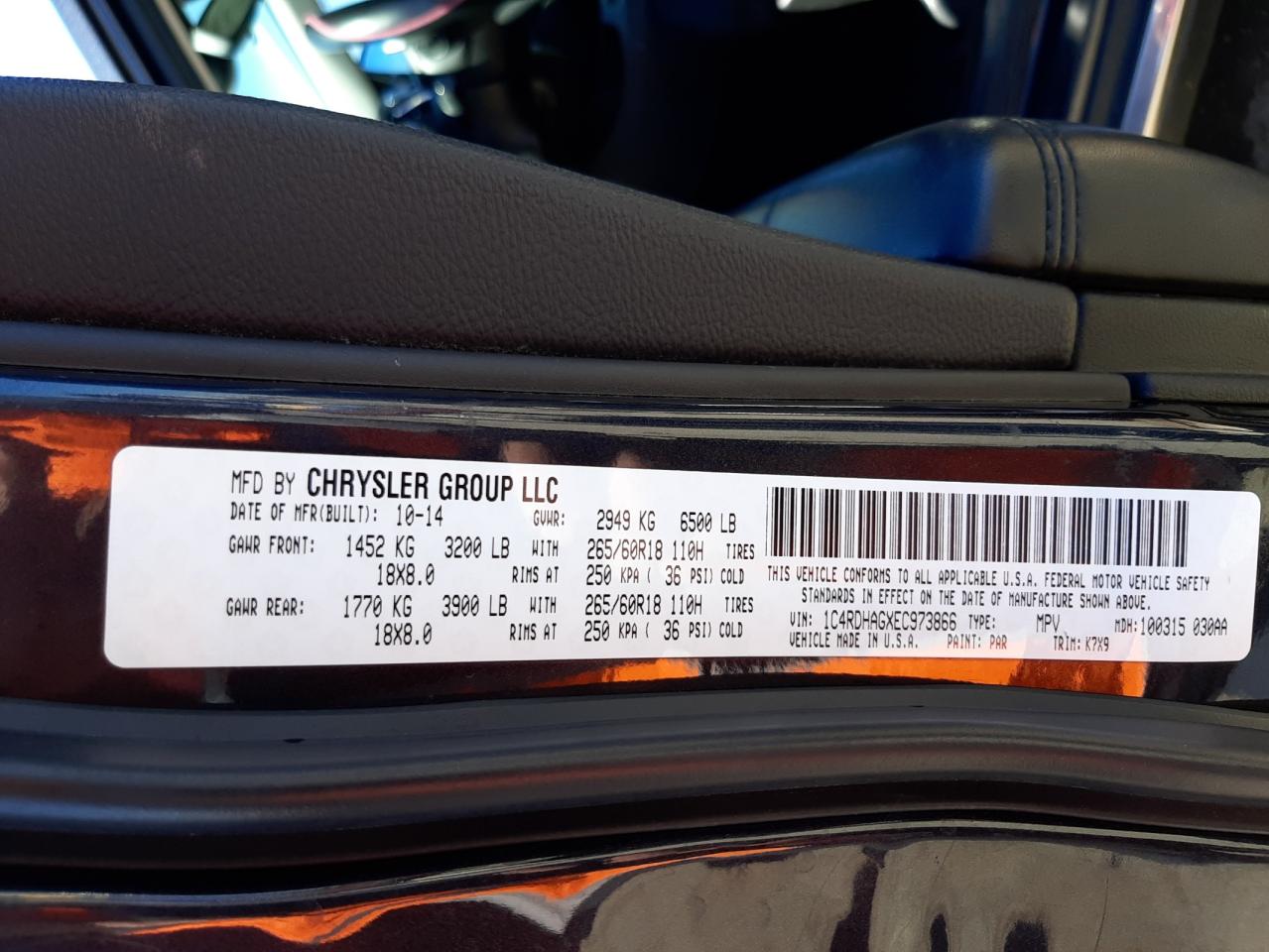Photo 10 from auction – 2014 DODGE DURANGO SX with VIN 1C4RDHAGXEC973866