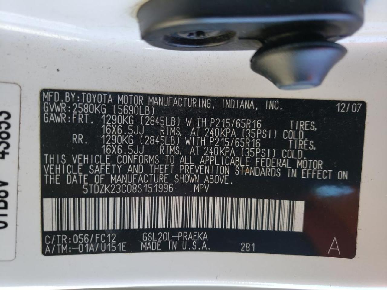 Photo 10 from auction – 2008 TOYOTA SIENNA CE with VIN 5TDZK23C08S151996