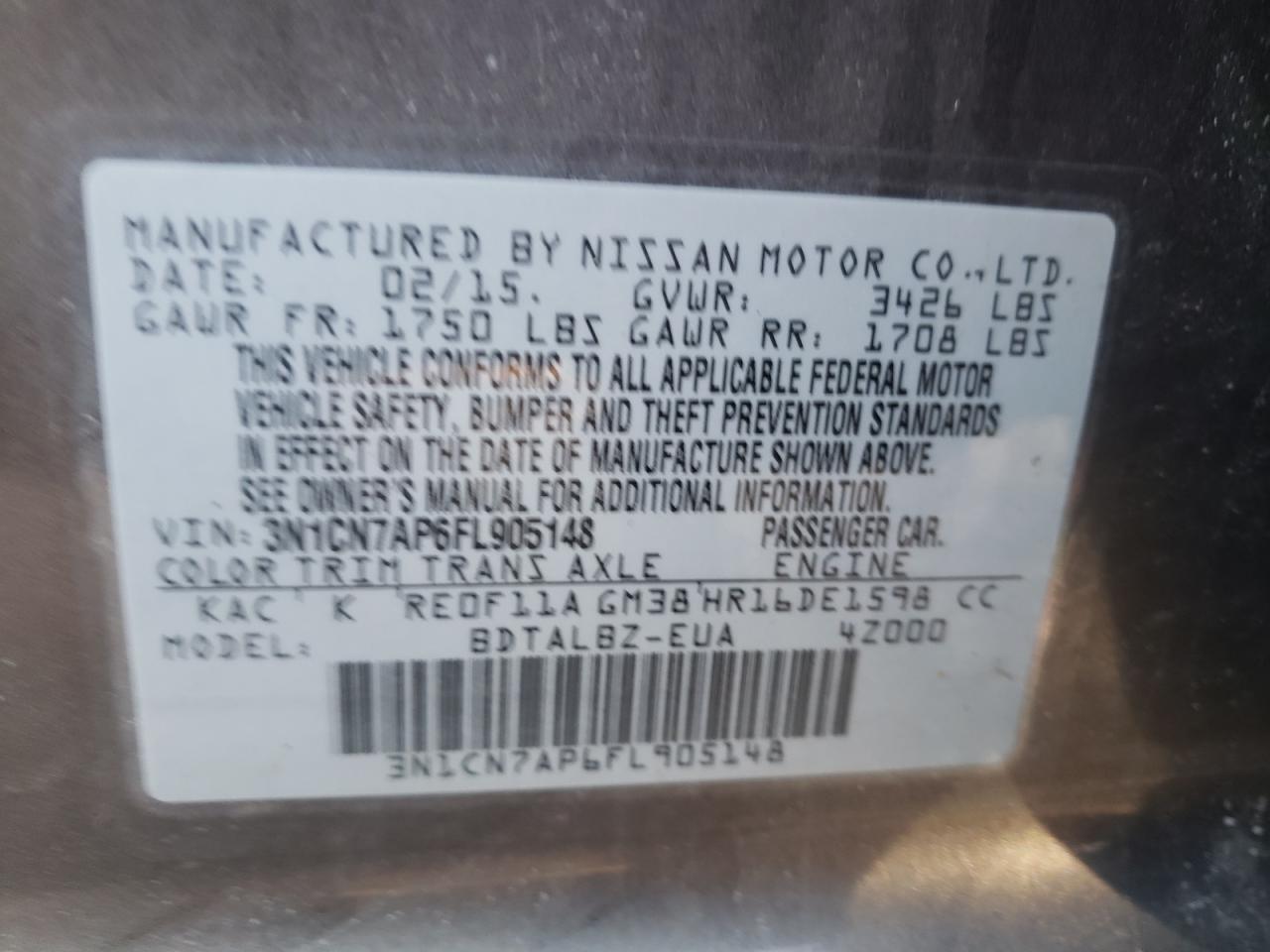 Photo 10 from auction – 2015 NISSAN VERSA S with VIN 3N1CN7AP6FL905148