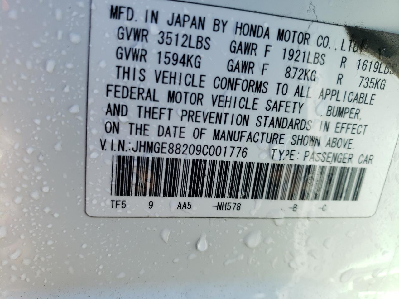Photo 10 from auction – 2009 HONDA FIT with VIN JHMGE88209C001776