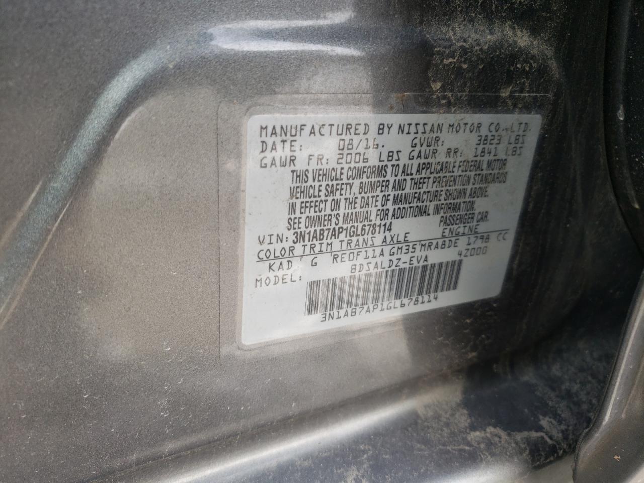 Photo 10 from auction – 2016 NISSAN SENTRA S with VIN 3N1AB7AP1GL678114