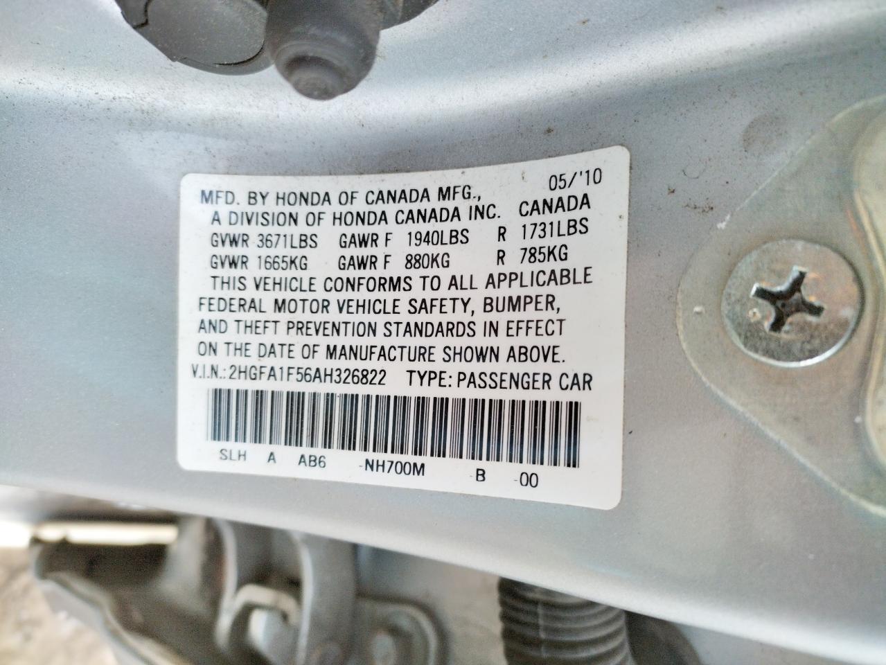 Photo 10 from auction – 2010 HONDA CIVIC LX with VIN 2HGFA1F56AH326822
