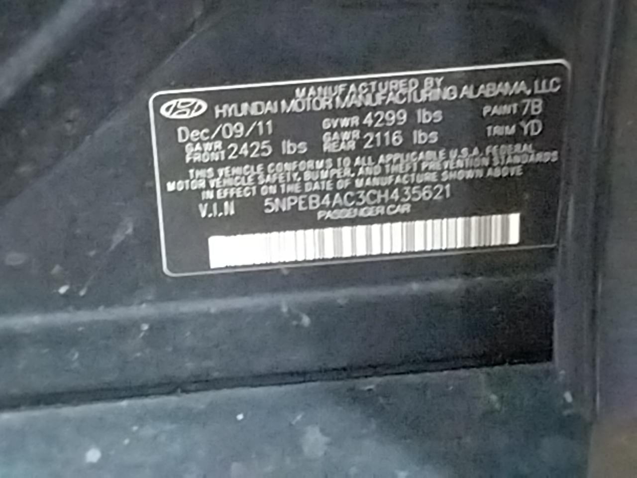 Photo 10 from auction – 2012 HYUNDAI SONATA GLS with VIN 5NPEB4AC3CH435621