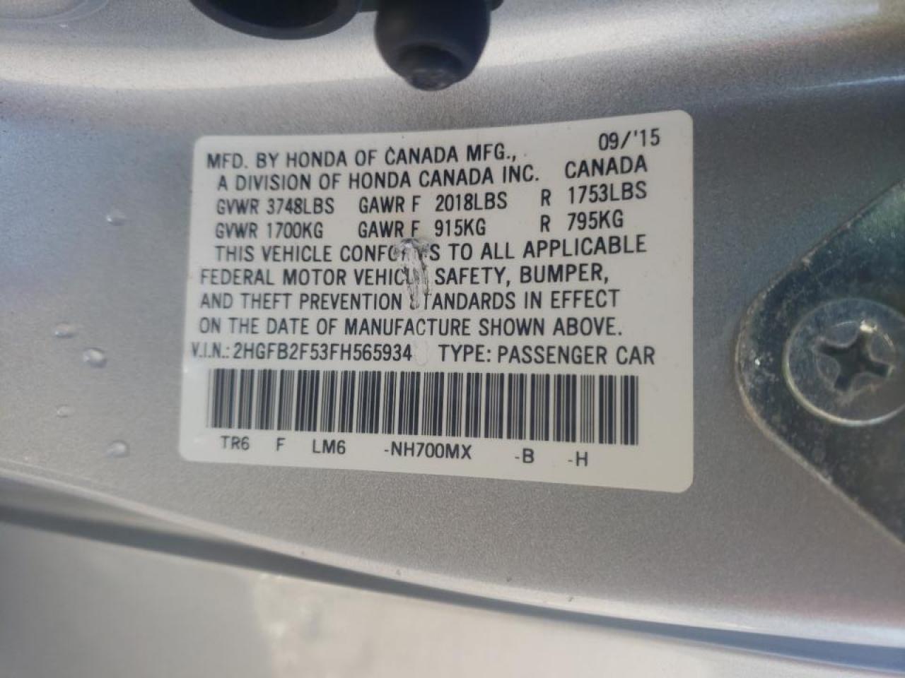 Photo 10 from auction – 2015 HONDA CIVIC LX with VIN 2HGFB2F53FH565934