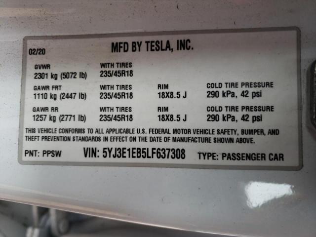 Photo 10 from auction – 2020 TESLA MODEL 3 with VIN 5YJ3E1EB5LF637308