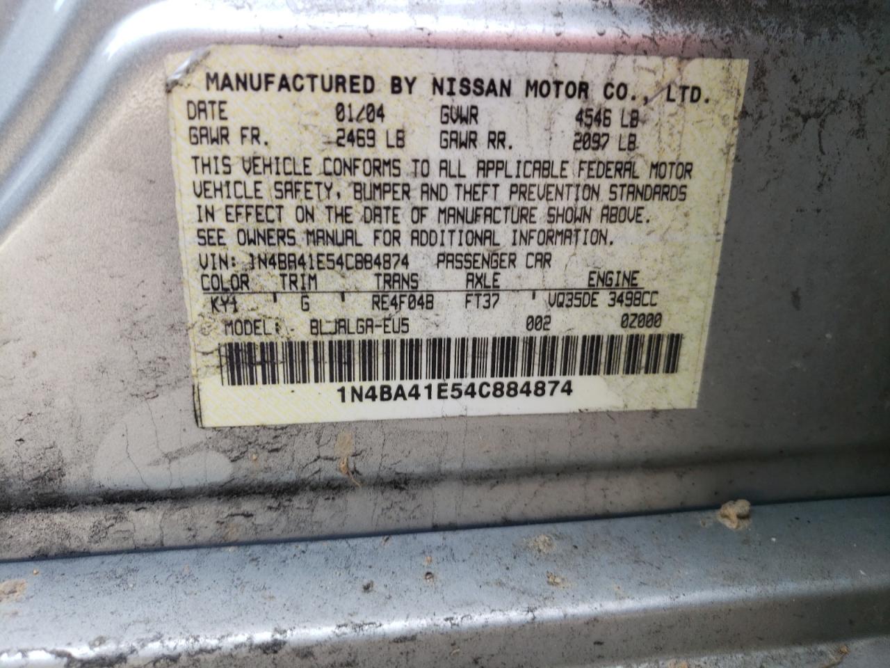 Photo 10 from auction – 2004 NISSAN MAXIMA SE with VIN 1N4BA41E54C884874