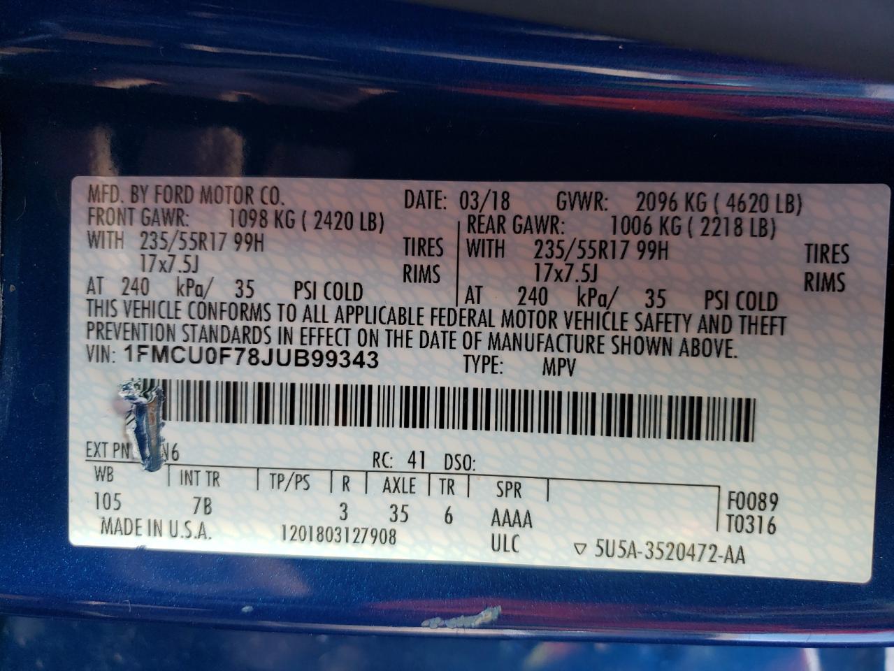 Photo 10 from auction – 2018 FORD ESCAPE S with VIN 1FMCU0F78JUB99343