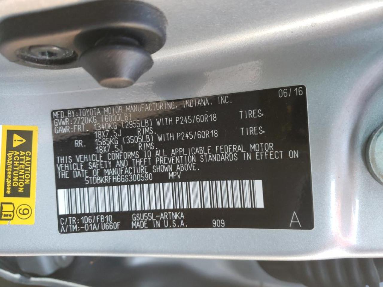 Zdjęcie 10 z aukcji – 2016 TOYOTA HIGHLANDER z VIN 5TDBKRFH6GS300590