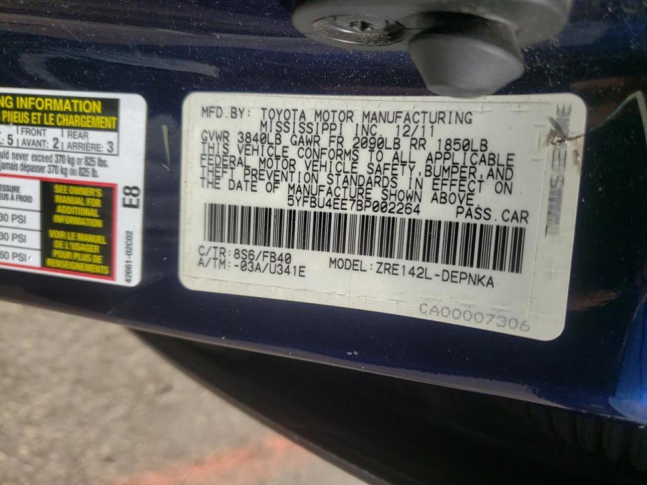 Photo 10 from auction – 2011 TOYOTA COROLLA BA with VIN 5YFBU4EE7BP002264