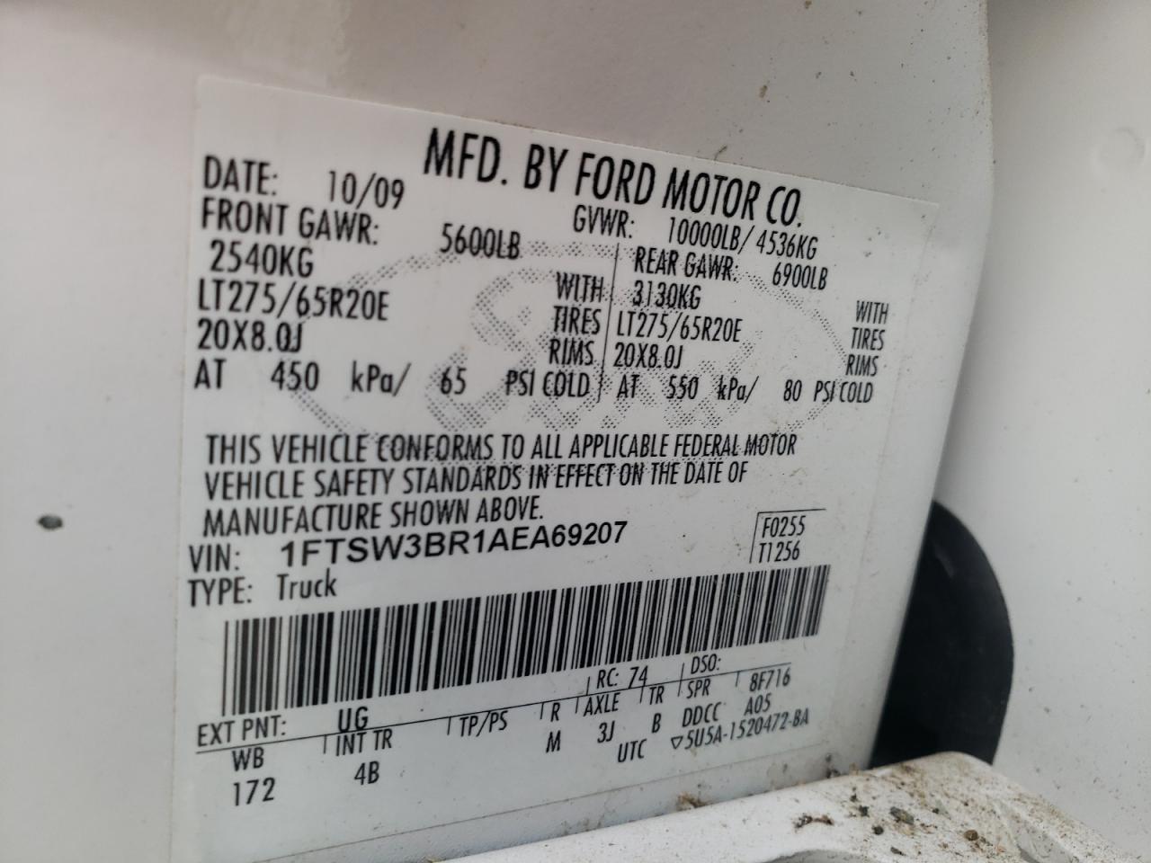 Photo 10 from auction – 2010 FORD F350 SUPER with VIN 1FTSW3BR1AEA69207