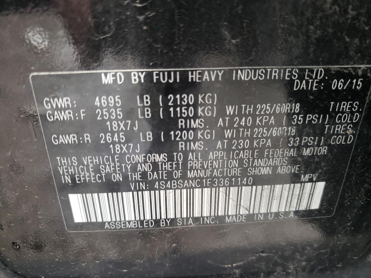 Photo 10 from auction – 2015 SUBARU OUTBACK 2. with VIN 4S4BSANC1F3361140