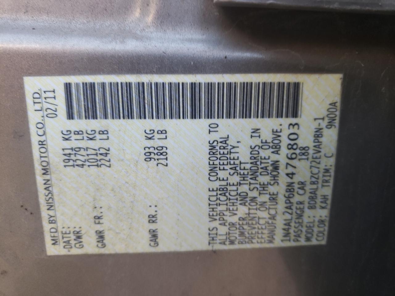 Photo 10 from auction – 2011 NISSAN ALTIMA BAS with VIN 1N4AL2AP6BN476803