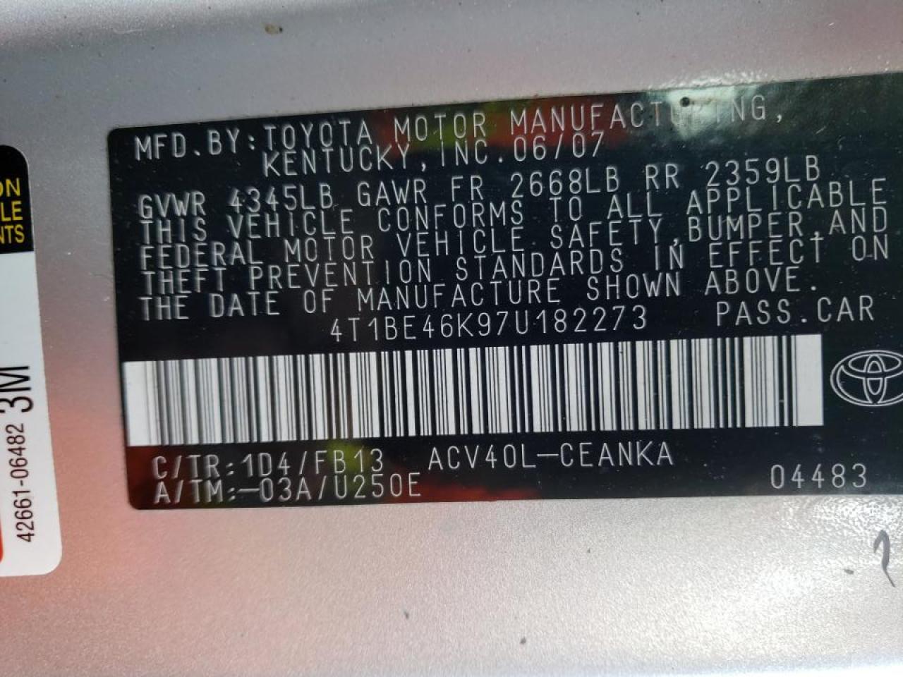 Photo 10 from auction – 2007 TOYOTA CAMRY CE with VIN 4T1BE46K97U182273