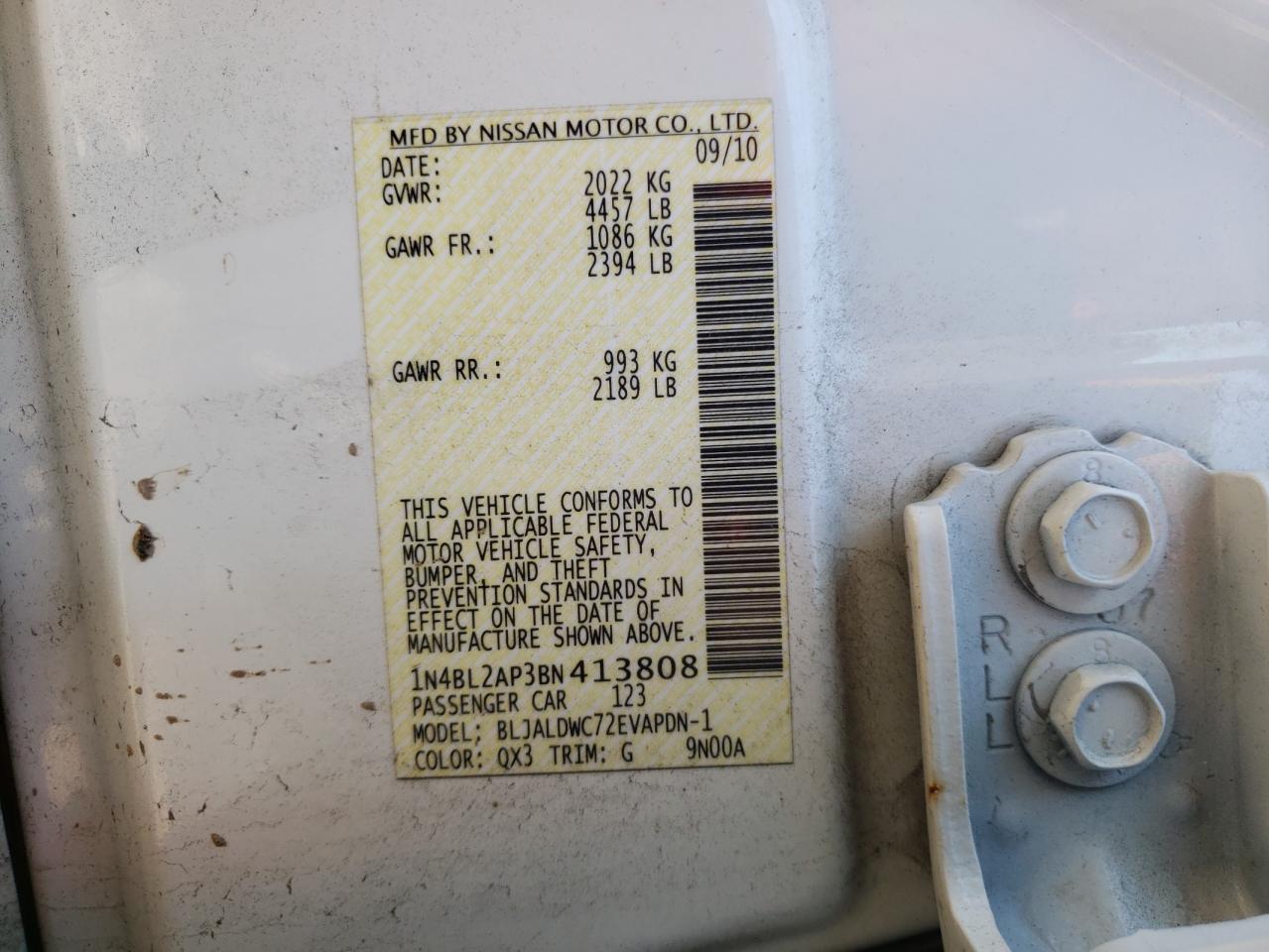 Photo 10 from auction – 2011 NISSAN ALTIMA SR with VIN 1N4BL2AP3BN413808