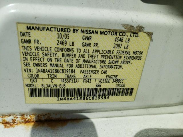 Photo 10 from auction – 2006 NISSAN MAXIMA SE with VIN 1N4BA41E86C819584