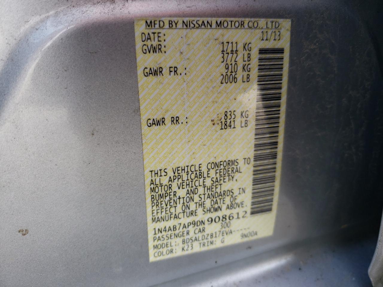 Photo 10 from auction – 2013 NISSAN SENTRA S with VIN 1N4AB7AP9DN908612