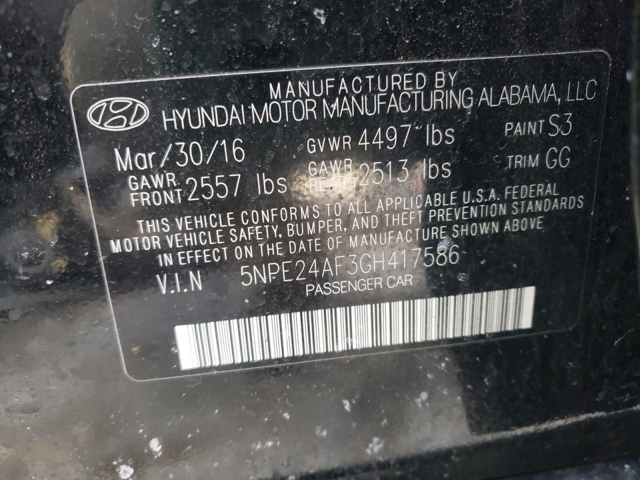 Photo 10 from auction – 2016 HYUNDAI SONATA SE with VIN 5NPE24AF3GH417586