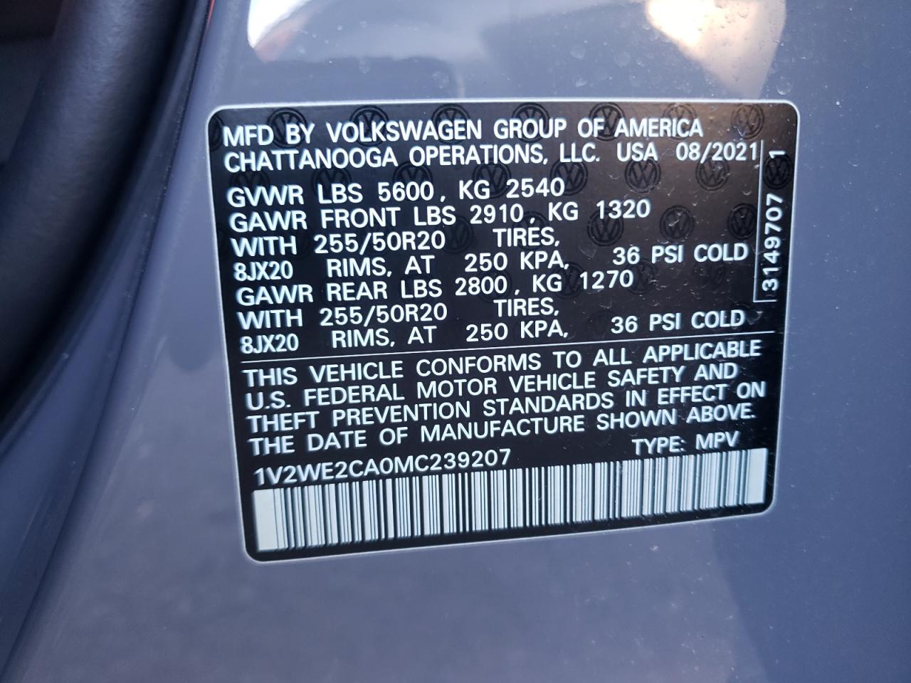 Photo 10 from auction – 2021 VOLKSWAGEN ATLAS CROS with VIN 1V2WE2CA0MC239207